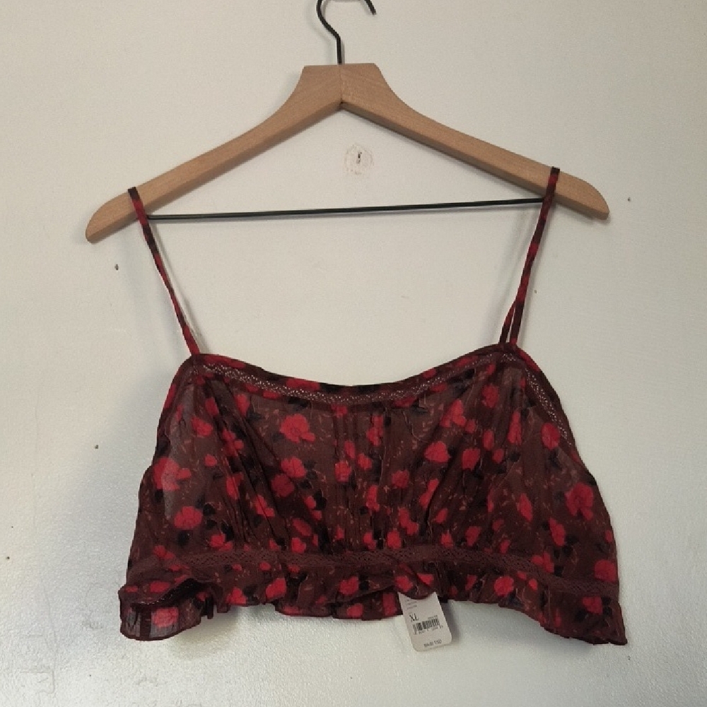 NWT Free People Intimately Floral Red Brown Crop Top Short Set Sz XL Women